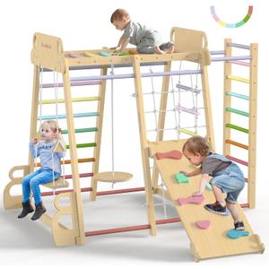 Upgraded Indoor Playground 9-in-1 Jungle Gym Kids Climbing Toys, Montessori Philosophy Waldorf Style Wooden Climber Playset with Slide, Swing, Monkey Bars, Upright/Rope Ladder, Climb Net, Rainbow