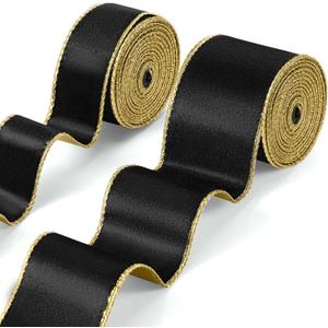 Riceshoot 2 Rolls Valentines Day Velvet Wired Ribbon 1.5, 2.5 Inch Wide Velvet Ribbon with Edge for Wedding Tree Decoration Gift Wrap Bow DIY Decoration, Total 20 Yards(Black Gold)