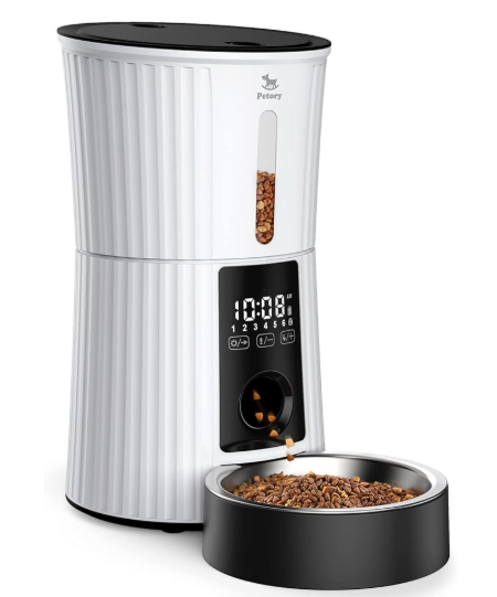 Petory Timed Automatic Cat Feeders - 4L Programable Dry Food Dispenser for Cats and Small Medium Dogs 6 Meals with Desiccant Bag Dual Power Supply 10S Voice Recorder