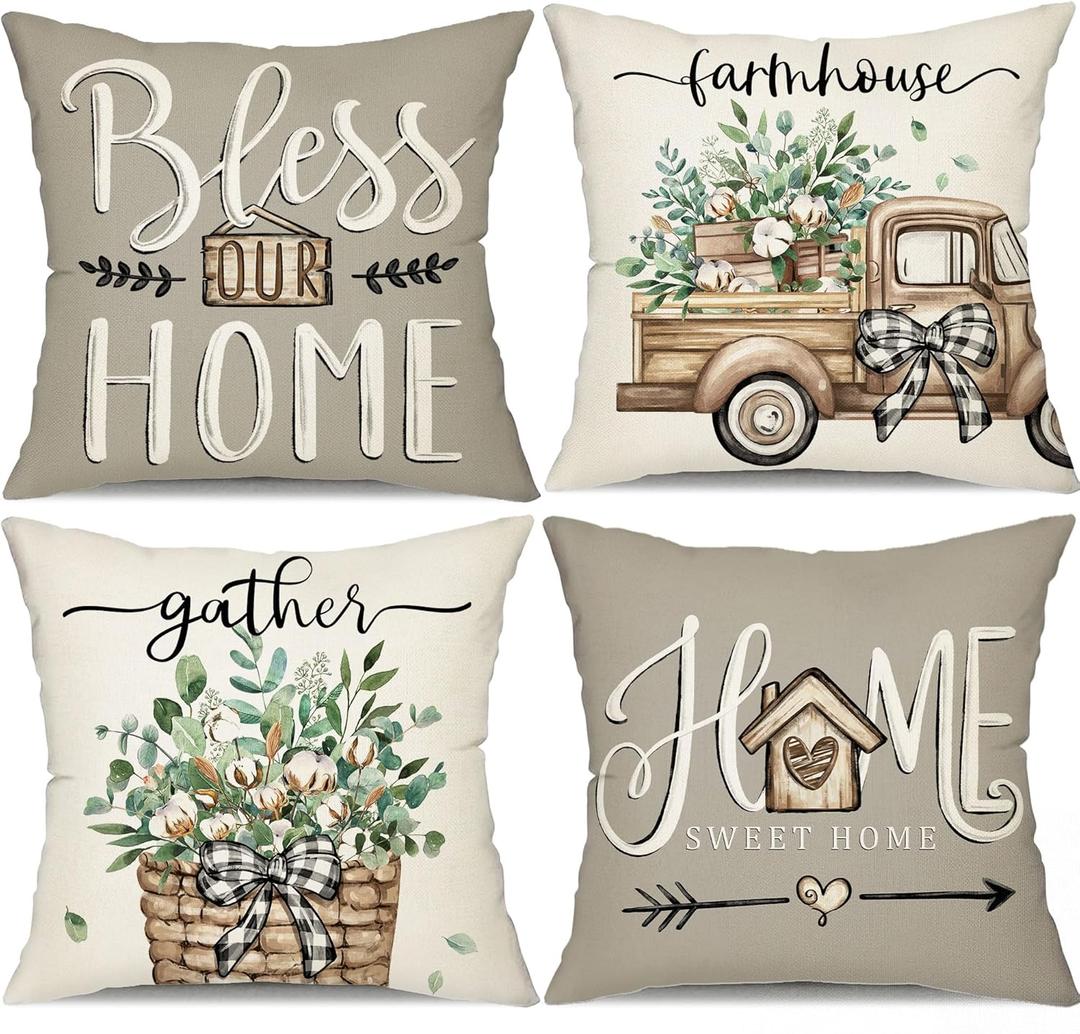 DFXSZ Farmhouse Pillow Covers 16x16 Set of 4 Eucalyptus Leaves Decorations Truck Sweet Home Spring Pillow Covers, Polyester Cushion Case Gifts for Home Decor 175 (16" x 16" (Pack of 4), Grey)