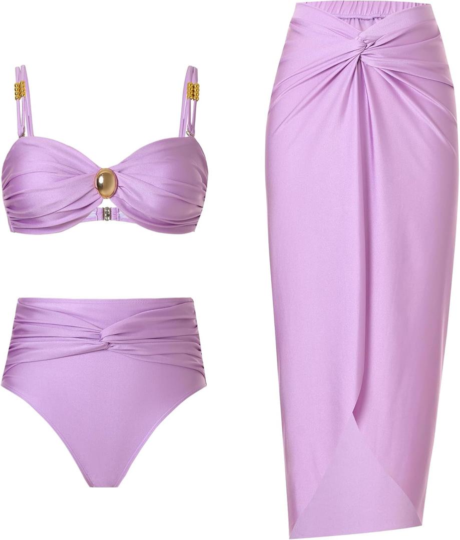 Women's One Piece Swimsuit with Cover up Set Beach Wrap Skirt Retro Bikini Set Two Piece Bathing Suit with Cover up (Medium, Purple 01)