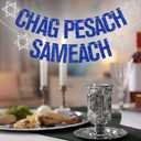 Chag Pesach Sameach Banner, Happy Passover Decorations, Egypt Festival Holiday Party Decoration Supplies, Jewish Pesach Festival Matzo Banner Blue & Silver Glitter