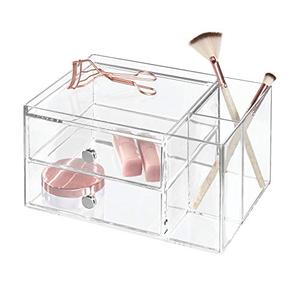 iDesign Plastic Vanity, Compact Storage Set Compartments for Cosmetics, Dental Supplies, Hair Care, Bathroom, Dorm, Desk, Countertop, Office, 6.5" x 6.5" x 6.5", Pack of 2 Drawer-Side Organizer, Clear