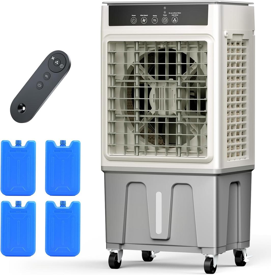 Windowless Swamp Cooler, 3 in 1 Evaporative Portable Air Conditioner with Remote, Cooling Fan Ac Unit,3 Speed, 24H Timer, 5.3 Gal Water Tank, 4 Ice Box for Garage, Patio, Bedroom Home Office Outdoor (Large)