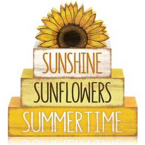 4 Pcs Sunflower Table Decorations Sunflower Tiered Tray Decor Farmhouse Rustic Table Decor Books Stack Signs Block for Home Office Decorations