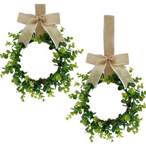 2 Pcs 12inch Mini Boxwood Wreaths Artificial Spring Summer Greenery Wreath for Front Door Farmhouse Kitchen Cabinet Wreaths with Burlap Ribbon for Porch Wall Window Decor (Green)