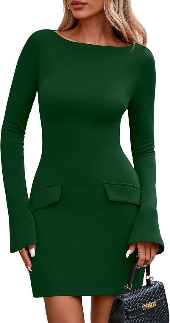 PRETTYGARDEN Womens Fall Long Sleeve Mini Dress 2025 Trendy Boat Neck Bodycon Knit Elegant Short Party Formal Dresses (Green, L)