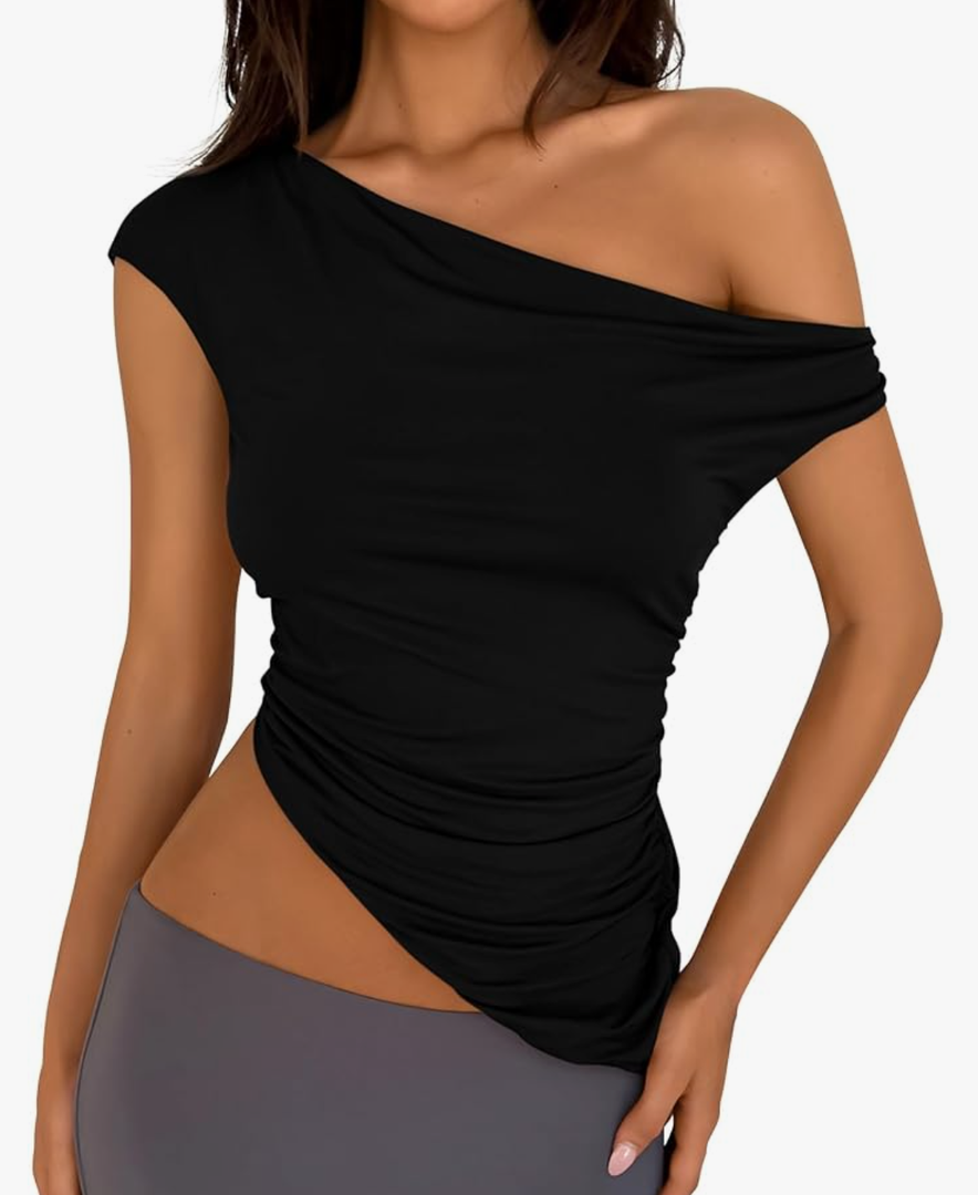PRETTYGARDEN Womens Off The Shoulder Tops 2025 Summer Sleeveless One Shoulder Ruched Asymmetrical Y2K Going Out Crop Tank Top, L