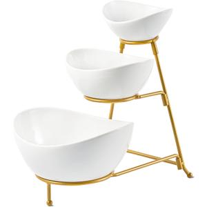 3 Tier Serving Bowls Set Tiered Serving Stand, Porcelain Oval Bowls with Collapsible Metal Stand for Entertaining, Party, Dessert Display, Candy, Chip and Dip (Gold)