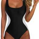 SUUKSESS One Piece Swimsuit for Women Slimming Tummy Control Square Neck Bathing Suit (X-Large, Black and White)