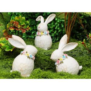 Lulu Home 3 Packs Easter Tabletop Ornaments, Resin White Bunnies Figurines with Floral Wreaths Around Necks, Standing Rabbit Statues for Spring Garden Home Mantel Indoor Outdoor Decorations, 3 Bunnies
