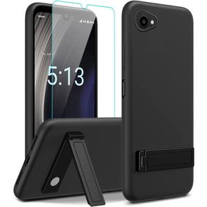Case for Orbic Phone with Glass Screen Protector, [3 Position Ways] Kickstand Metal Silicone TPU Shockproof Protective Cover - Black