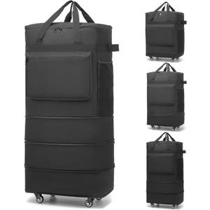 Foldable Duffel Bag, Large Expandable Rolling Travel Duffle Bag with Wheels Waterproof Collapsible Carry on Luggage for Women Men Duffel Bag with Wheels and Handle-Black