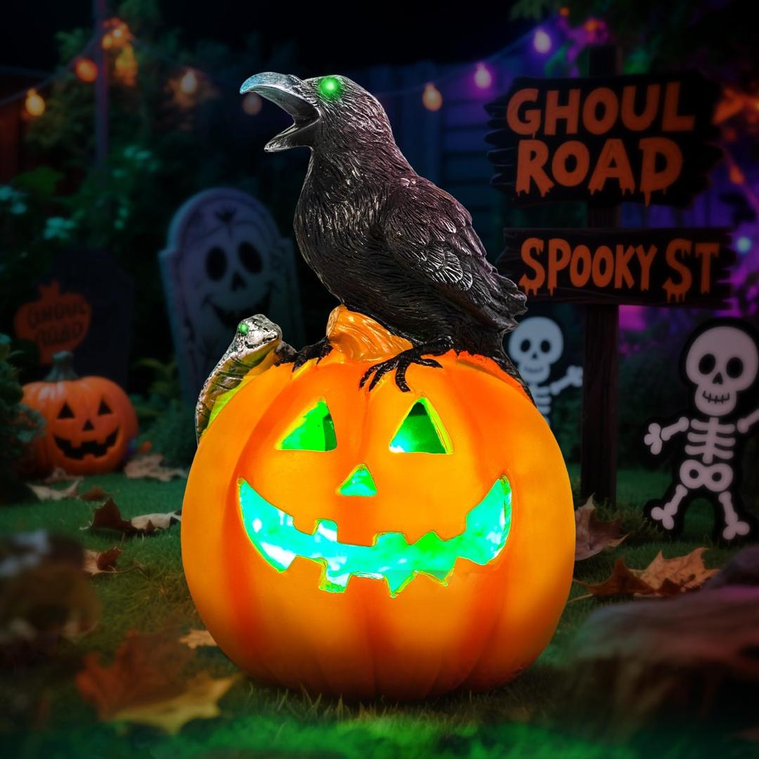 Halloween Pumpkin Solar LED Light Outdoor Solar Powered Garde Decorative Light IP44 Waterproof for Outdoor Home Decor & Halloween Party Decorations-Crow