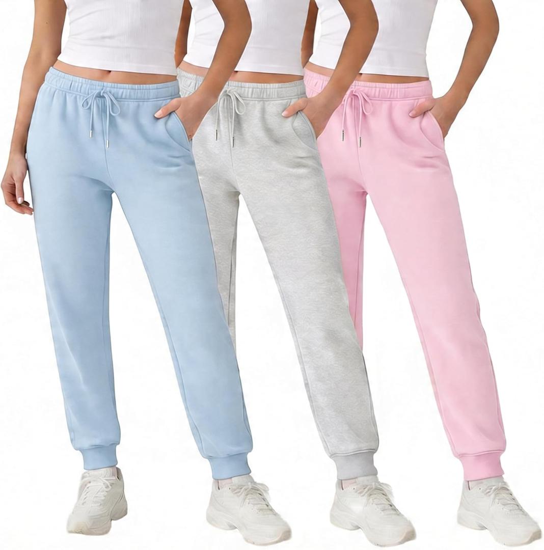Common Stitch 3 Pack Fleece Joggers for Women — Deep Pockets, Slim Fit, Elastic Drawstring Waist, Medium, Light Pink / Lt. Heather Grey / Light Blue