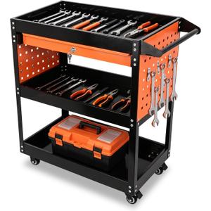 3-Tier Tool Cart with Wheels, 420 lbs Load Capacity Tool Storage Cart, Heavy Duty Metal Rolling with Drawers and Pegboards, for Warehouse, Garage, Workshop,Black