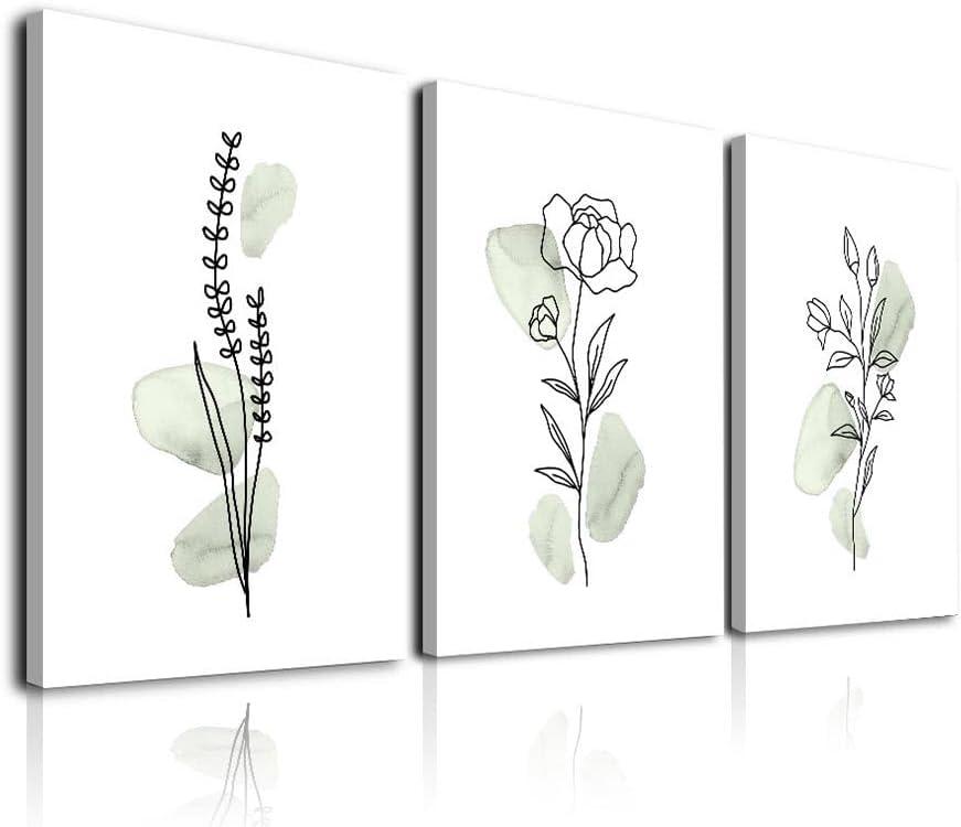 Sage Green Botanical Wall Art, Boho Wall Art Farmhouse Decor, Framed Plant Wall Decor Sage Green Watercolor Wild Flowers Floral Leaf Line Canvas Paintings, Minimalist Botanical Prints for Bedroom