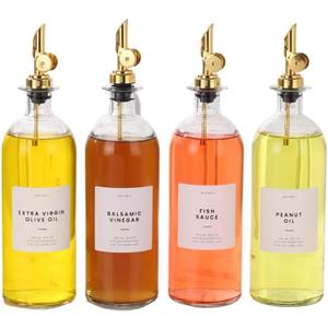 Molimoli Oil and Vinegar Dispenser with Metal Pour Spout, Weighted Pourer, Glass Bottle Dispenser for Kitchen, Olive Oil Cruet, Glass Olive Oil Bottle | 500ml, Set of 4 (Gold)