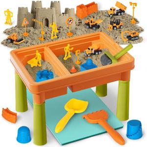 Lehoo Castle Sensory Table with Sensory Sand, Indoor Sensory Bin with Lid & 2.6lbs Play Sand, Construction Kit with 6 Alloy Trucks & Castle Molds, Sensory Toys for Toddler Boys and Girls (Orange)