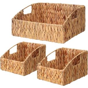 Ollieroo Natural Water Hyacinth Storage Baskets, Handwoven Wicker Storage Bins with Built-in Handles, Storage Container Baskets for Shelves, Bedroom, Bathroom, Laundry Room or Kitchen(Set of 3) (Yellow)