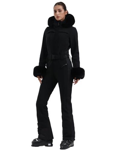 GSOU SNOW Ski Suit Womens One Piece Snowsuit Snowboard Jacket Slim Snow Jumpsuit Faux Fur Ski Outfit Waterproof Windproof Insulated, Black S