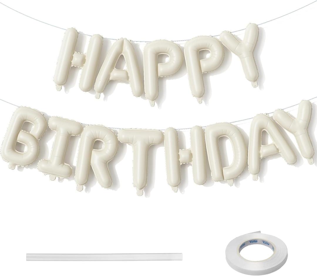 Cream Happy Birthday Balloon Banner, Neutral Beige Happy Birthday Foil Balloon, 16 Inch Ivory White Sand Born Day Bunting Banner Letter Balloons for Men Women Birth Party Decorations Supplies