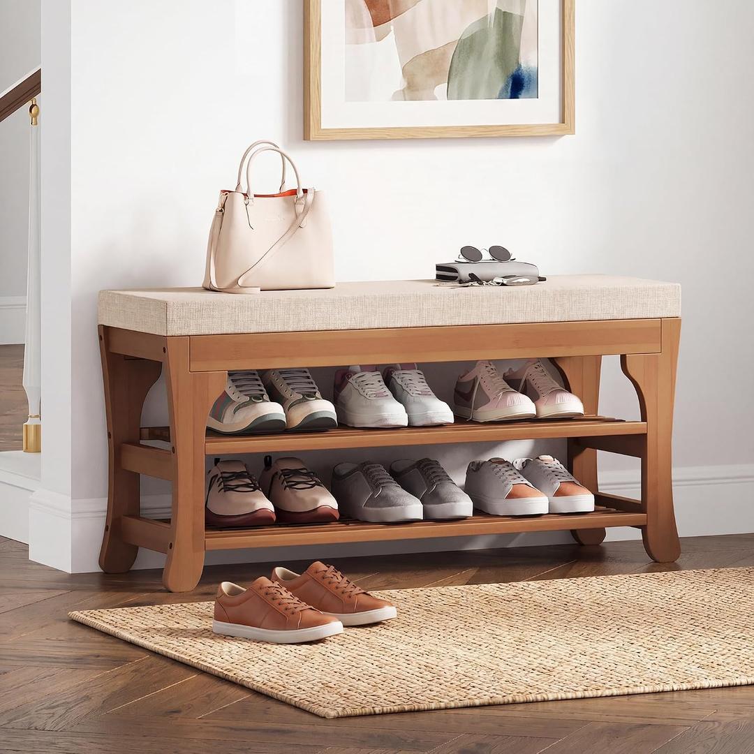 PETKABOO 27.6" Shoe Storage Bench with Cushion, Bamboo Shoe Rack Bench, 2-Tier Entryway Shoe Organizer, Supports up to 350 LB, for Hallway, Bedroom, Closet, Living Room