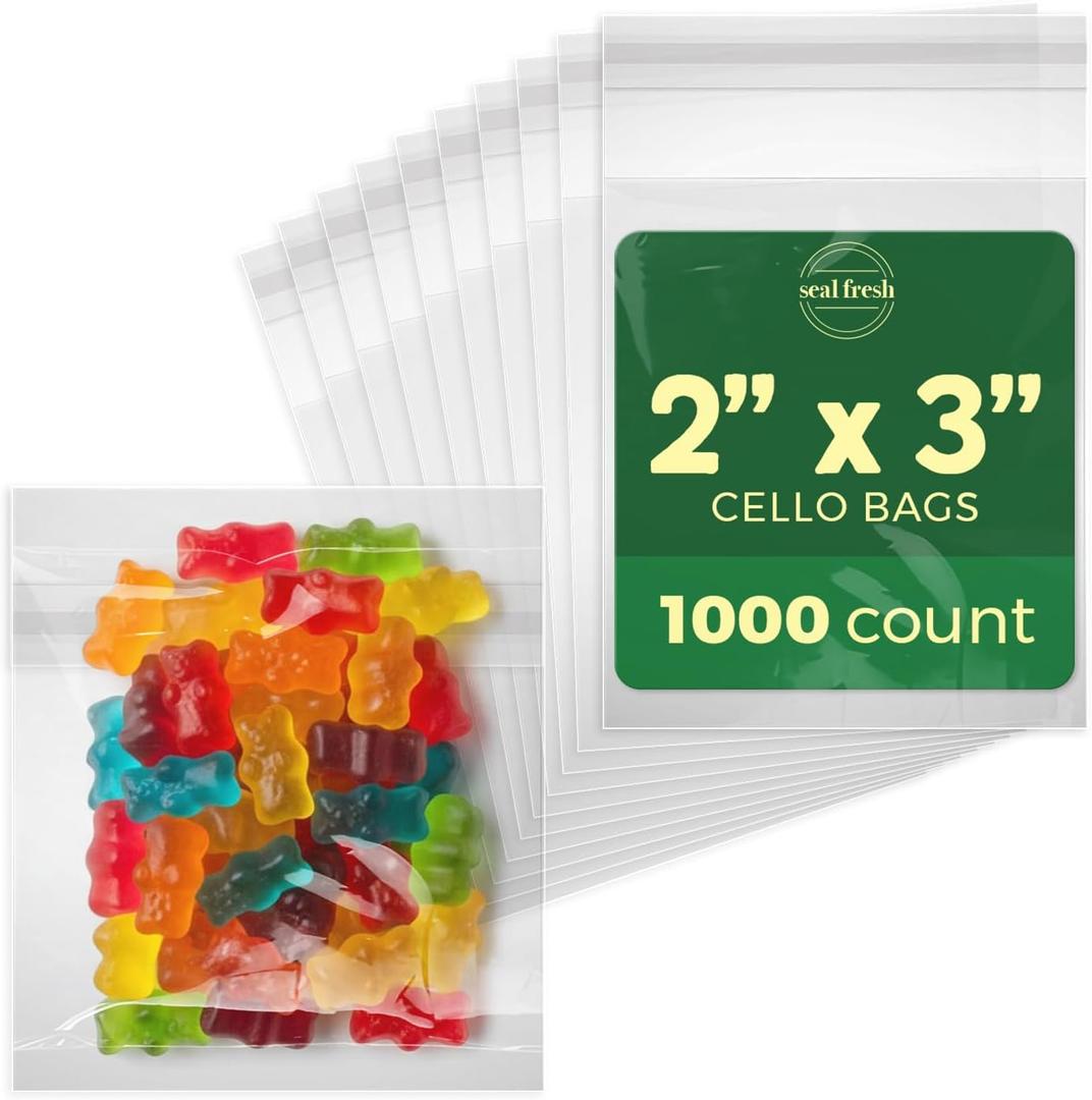 Seal Fresh Self Sealing Cellophane Bags - 2" x 3" (1000 Count) - Clear Plastic Resealable Cello Bag - Cellophane Treat Bags, Cookie Bags for Packaging, Candy bags, Cello Bags, Pastry Bags