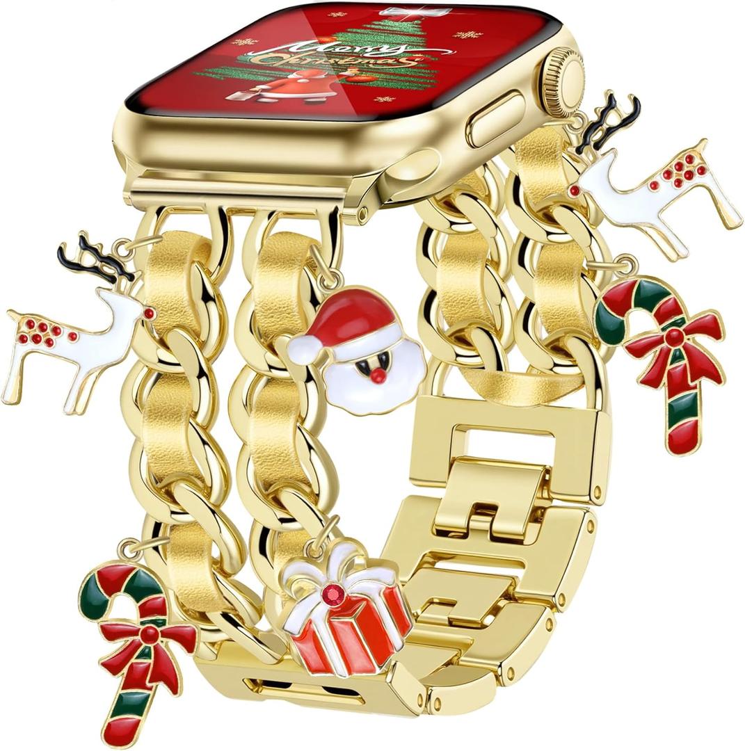 JR.DM Christmas Gold Watch Bands for Women Compatible with Apple Watch Band 42mm(S3/2/1) 44/45/46/49mm Adjustable Metal Bracelet for iWatch Series1/2/3/4/5/6/7/8/9/10/11 SE 3/2/1 Ultra1/2/3 (No Case)