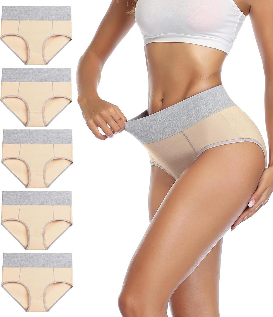 wirarpa Women's Cotton Underwear High Waist Stretch Briefs Soft Underpants Ladies Full Coverage Panties 5 Pack (Medium, Beige)