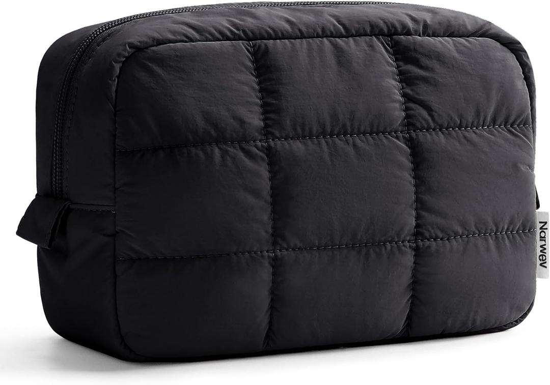 Narwey Quilted Makeup Bag for Women Girl, Puffer Travel Cosmetic Bag Puffy Make Up Bag Organizer, Cute Travel Toiletry Bag for Toiletries (Black)