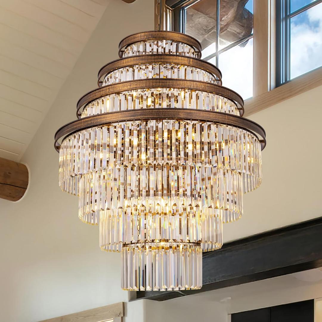 Wellmet Large Crystal Chandelier, Luxury 7-Tier Chandelier, Antique Gold Crystal Pendant Light for Living Room, Dining Room, Porch, Entryway, Hallway, Restaurant, 31''W (32 inches, Bronze)