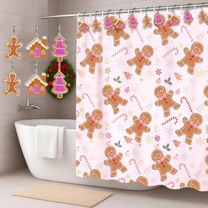 Geelin 13 Pcs Christmas Pink Gingerbread Shower Curtain Set for Bathroom Decor 72"w x 72"h Pink Cute Ginger Bread Candy Cane Shower Curtain with 12 Gingerbread Hooks for Christmas Bathroom Decoration