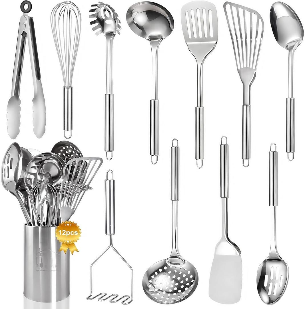 Stainless Steel Kitchen Utensils Set - 12pcs Cooking Utensils Set with Holder, Heat Resistant Kitchen Tool Set for Cooking with Turners, Potato Masher, Spatula, Spoons, Tongs, Whisk