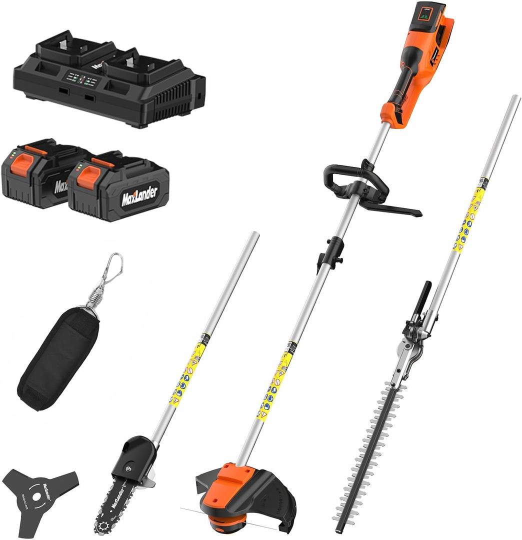 MAXLANDER 40V Hedge Trimmer, Weed Wacker Cordless, 8" Electric Pole Saw and Brush Cutter Blade, 4-in-1 Multi Garden Tools with 2 * 20V 4Ah Battery and 1*Charger