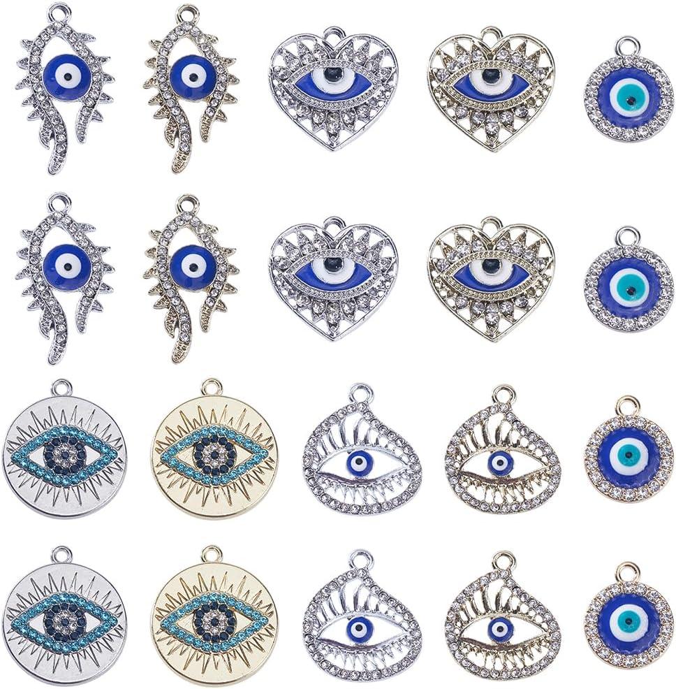 SUNNYCLUE 1 Box 40Pcs 5 Styles Silver Evil Eyes Charms Gold Eye Charms Bulk Alloy Enamel Rhinestone Heart Round Flatback Charm for Jewelry Making Charms Women DIY Necklaces Earrings Bracelets Crafts