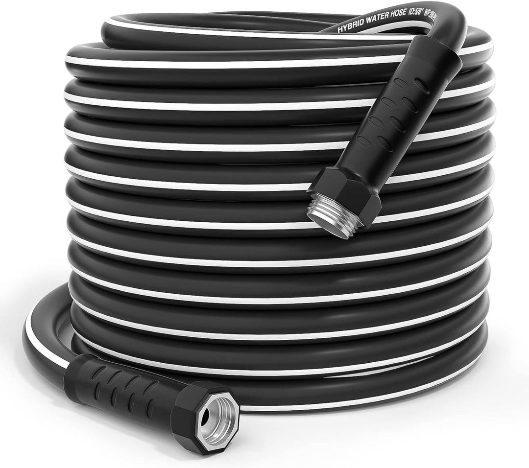 GREENER Heavy Duty 50FT Hybrid Garden Hose Dia.5/8 Inner Durable Rv Garden Hose with Grip Handle 150PSI High Burst Strength Industrial Water Hose for All Weather Outdoor (Black)