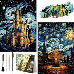 4 Pack Night Glow Scratch Art Rainbow Painting Paper, Magic Glow-in-the-Dark Scraping, Van Gogh Style Creative Craft Set, Fun DIY Toy Sketch Card Scratchboard for Kids, Adults (Amusement Park/Castle)