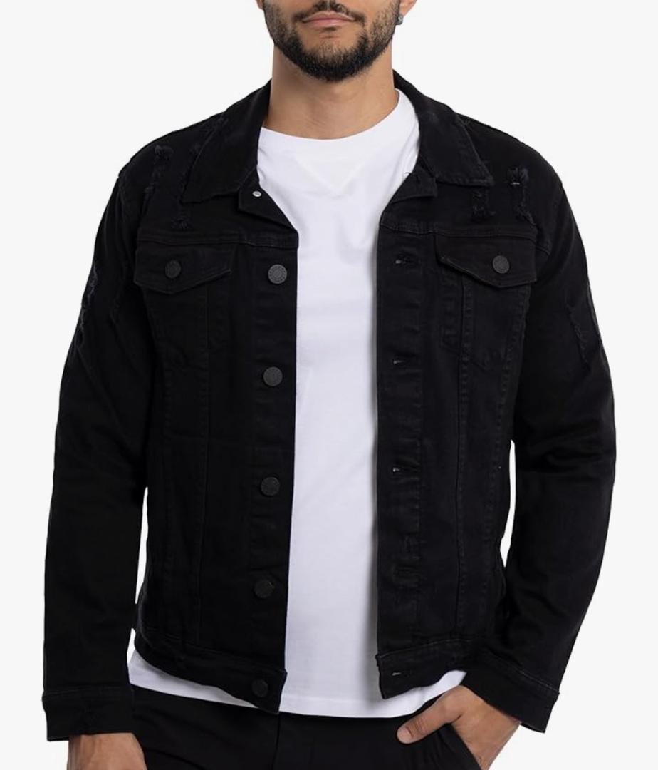 Mens Denim Jacket, Washed Ripped Distressed Flex Stretch Casual Trucker Biker Jeans Jacket for Men M