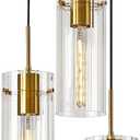 Brushed Gold Pendant Light Fixtures, 3-Light Modern Cluster Pendant Lights with Clear Striped Glass Shade, Farmhouse Brass Chandelier for Kitchen Island Dining Room Foyer