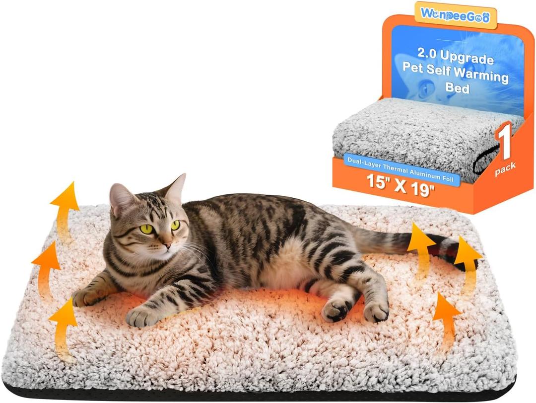 Self Warming Cat Bed, Heated Cat Bed, 2.0 Upgraded Thermal Foil Heating Pad, Plush Self-Heating Pet Mat for Crate, Floor, with Removable Washable Cover, Non-Slip, 15"x19" (Gray)