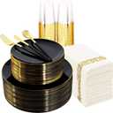 Supernal 350pcs Black Plastic Dinnerware Set,Black Plastic Plates with Gold Rim,Black and Gold Plastic Plates,Gold Plastic Silverware,Wedding Party Plates,Plastic Cups with Gold Rim for Christmas