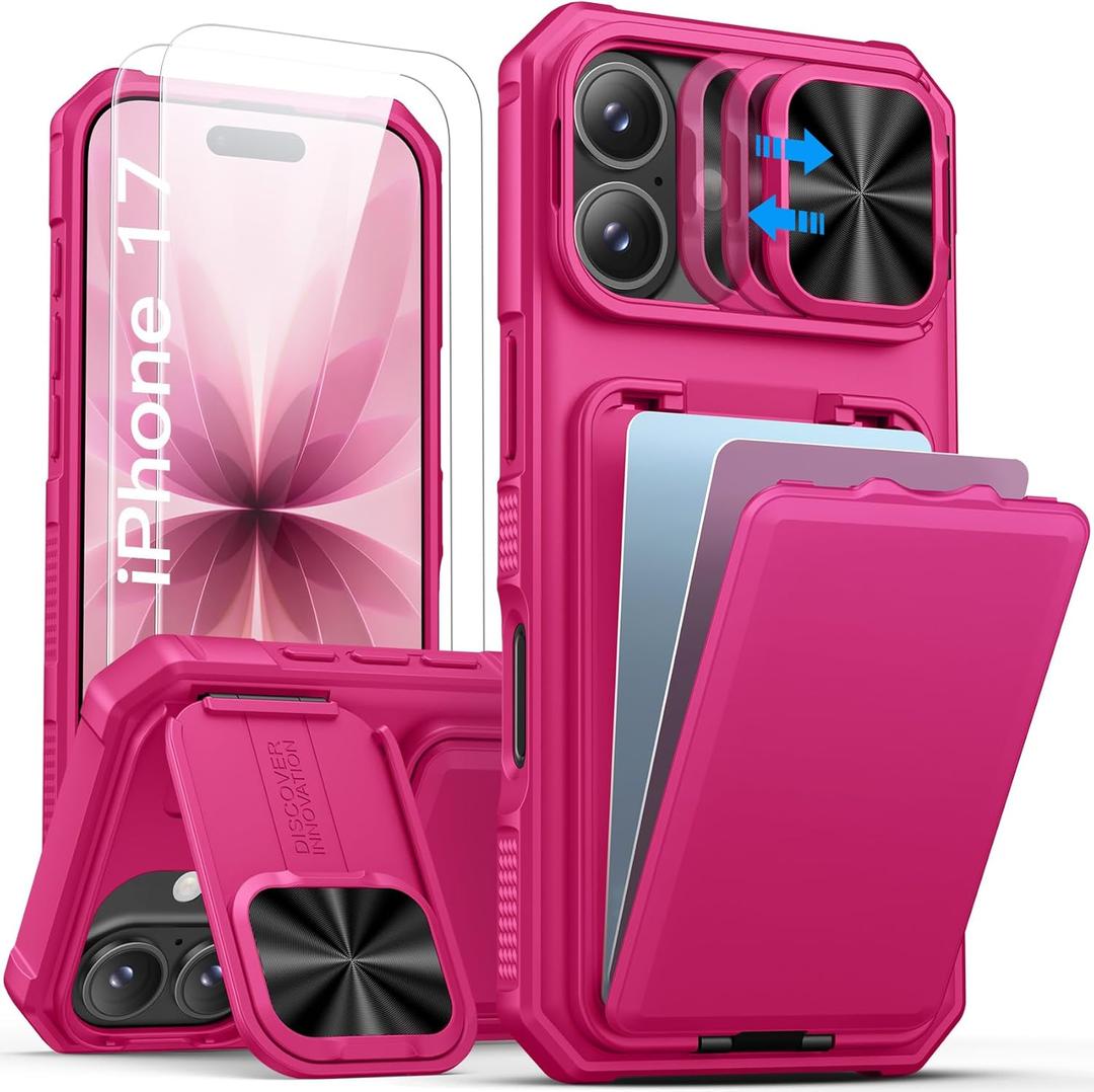 SSLOTSCASE for iPhone 17 Case with 2X Screen Protector, [9H Hardness] Military Grade Shatterproof, Card Holder & Kickstand & Slide Lens Cover & Wallet, Heavy Duty Phone Case for iPhone 17 6.3'', Pink