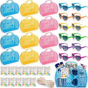 Hushee 12 Set End of The Year Gifts Bulk for Beach Party Favors, Reusable Jelly Basket Heart Neon Sunglasses Card Twine for Gifts from Teacher Graduation Party Prizes Summer Themed Birthday Supplies