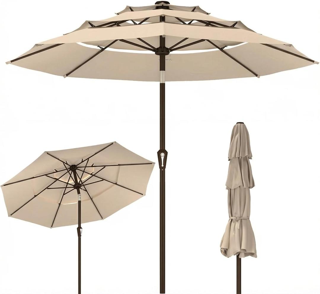 Kingdura 10ft 3-Tier Patio Umbrella, Outdoor Table Umbrella with Easy Crank & Tilt, 8 Reinforced Ribs, UV Protection for Deck, Pool, Market, Backyard (Beige)
