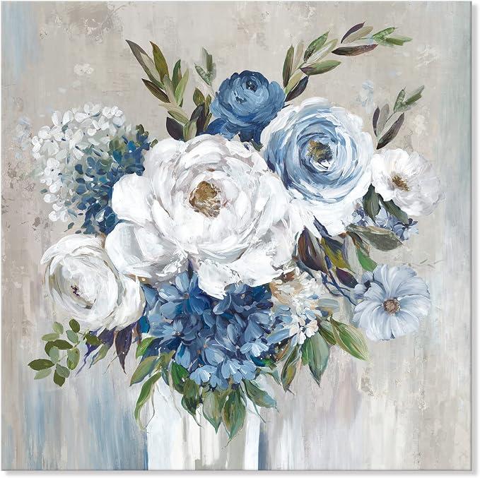 Goldfoilart Blue Flower Wall Art for Living Room White Floral Canvas Pictures Modern Paintings Framed Artwork for Bedroom Bathroom Dining Room Office Wall Decor 24" x 24"