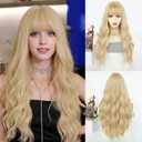 ENTRANCED STYLES Blonde Wig with Bangs Platinum Blonde Wigs for Women Synthetic Fiber Wig Womens Wavy Wigs Long Curly Wig for Daily Cosplay Party (26 inch Blonde)