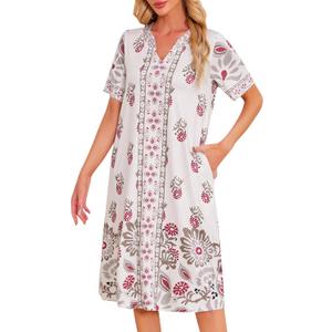 ETOSELL Moo Moos Nightgown for Women with Pockets Casual Floral Print House Dress Short Sleeve Mumu Lounge Dresses S-3XL (White, M)