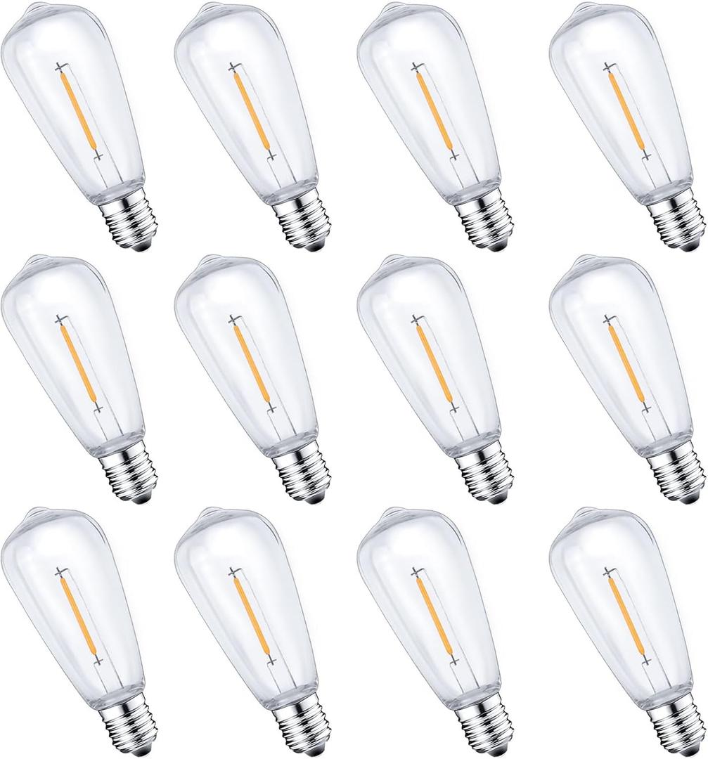 12Pack E17 LED Bulbs ST40 Replacement Light Bulbs, 0.6Watt Per Bulb, Waterproof Shatterproof Dimmable LED Replacement Bulbs for Indoor Outdoor Patio Wedding ST40 String Lights, Warm White, 2700K