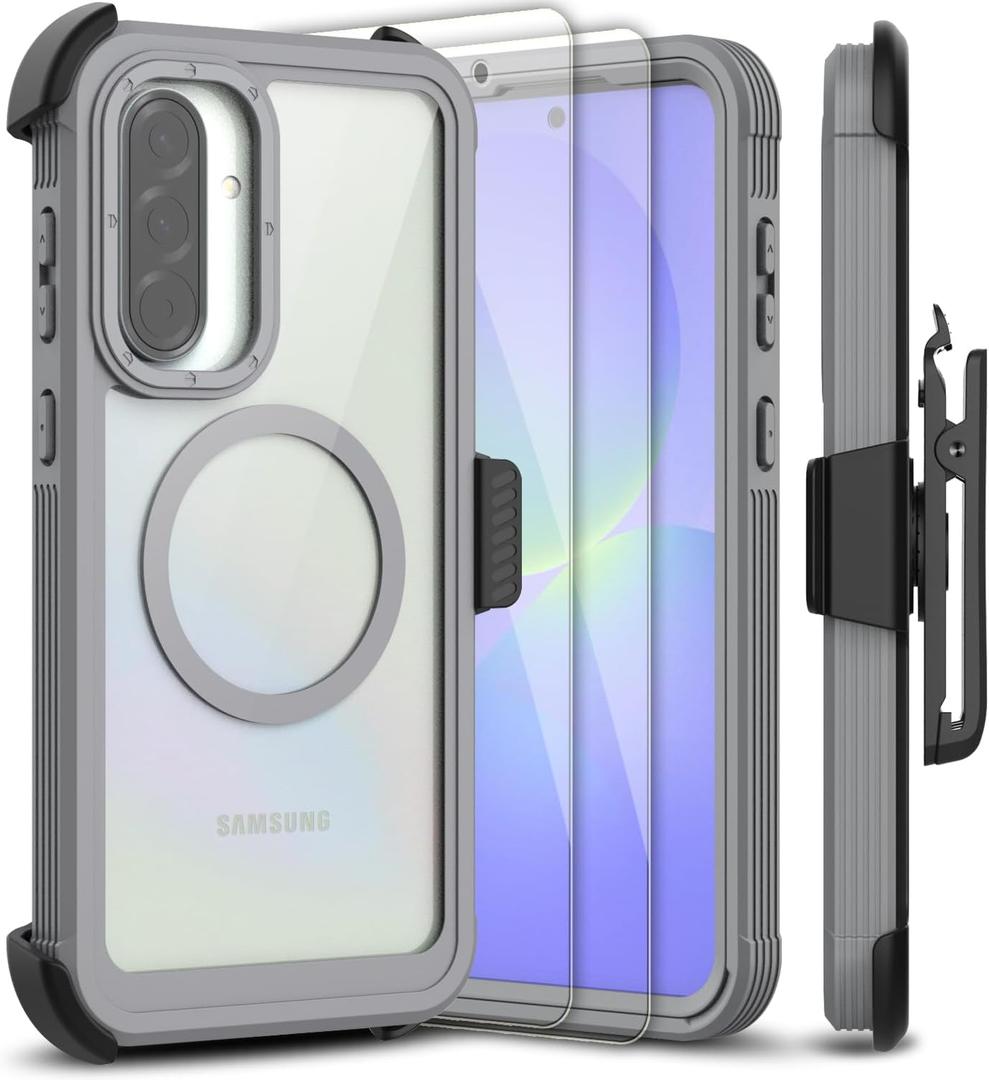 for Samsung Galaxy A36 5G Case, [Transparent & Holster Series] Belt Clip Full Body Shockproof Protective Cell Phone Cover with 2 Pack Tempered Glass Screen Protector (Gray/Clear)